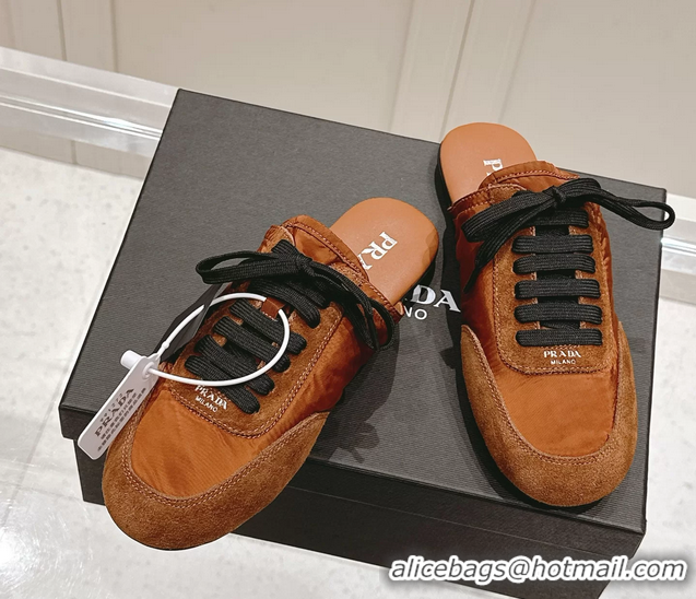 Pretty Style Prada Collapse Mixed Media Re Nylon and Suede Flat Mules Brown 6050701