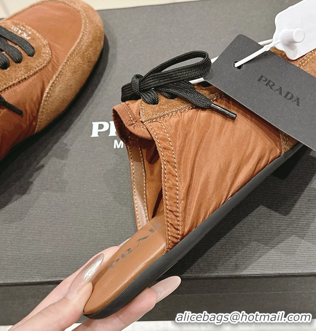 Pretty Style Prada Collapse Mixed Media Re Nylon and Suede Flat Mules Brown 6050701