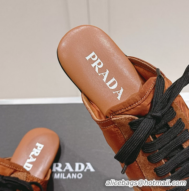 Pretty Style Prada Collapse Mixed Media Re Nylon and Suede Flat Mules Brown 6050701