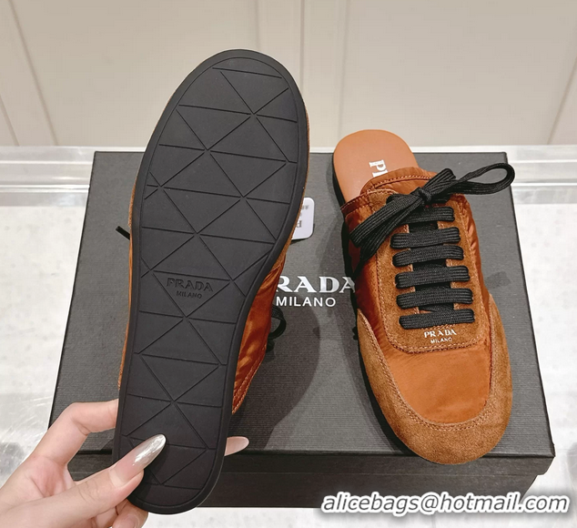 Pretty Style Prada Collapse Mixed Media Re Nylon and Suede Flat Mules Brown 6050701