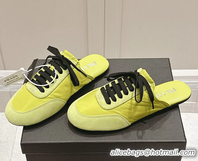 Popular Style Prada Collapse Mixed Media Re Nylon and Suede Flat Mules 6050701 Light Green