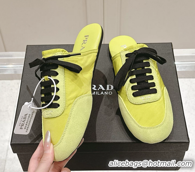 Popular Style Prada Collapse Mixed Media Re Nylon and Suede Flat Mules 6050701 Light Green