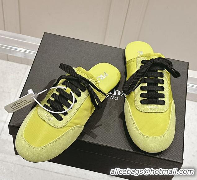 Popular Style Prada Collapse Mixed Media Re Nylon and Suede Flat Mules 6050701 Light Green