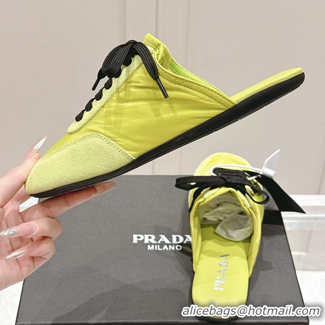 Popular Style Prada Collapse Mixed Media Re Nylon and Suede Flat Mules 6050701 Light Green