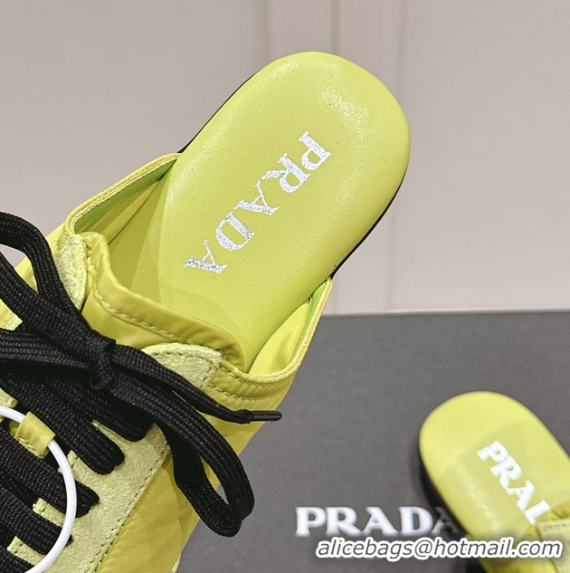 Popular Style Prada Collapse Mixed Media Re Nylon and Suede Flat Mules 6050701 Light Green