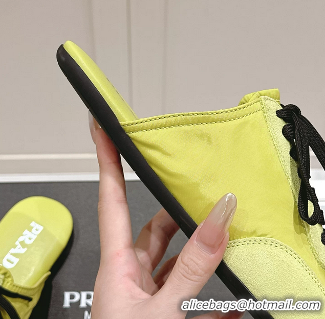 Popular Style Prada Collapse Mixed Media Re Nylon and Suede Flat Mules 6050701 Light Green