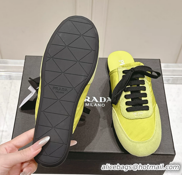 Popular Style Prada Collapse Mixed Media Re Nylon and Suede Flat Mules 6050701 Light Green