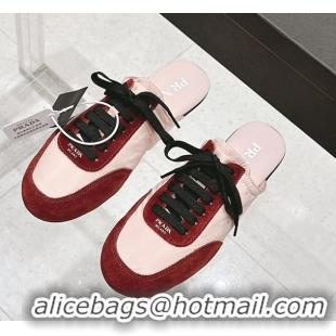 Shop Cheap Prada Collapse Mixed Media Re Nylon and Suede Flat Mules 6050701 Red Pink