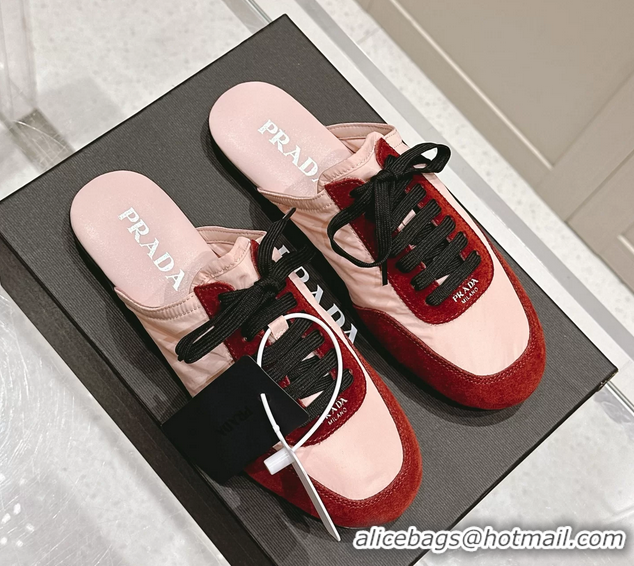 Shop Cheap Prada Collapse Mixed Media Re Nylon and Suede Flat Mules 6050701 Red Pink