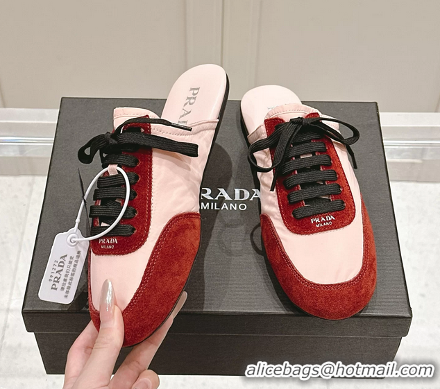 Shop Cheap Prada Collapse Mixed Media Re Nylon and Suede Flat Mules 6050701 Red Pink