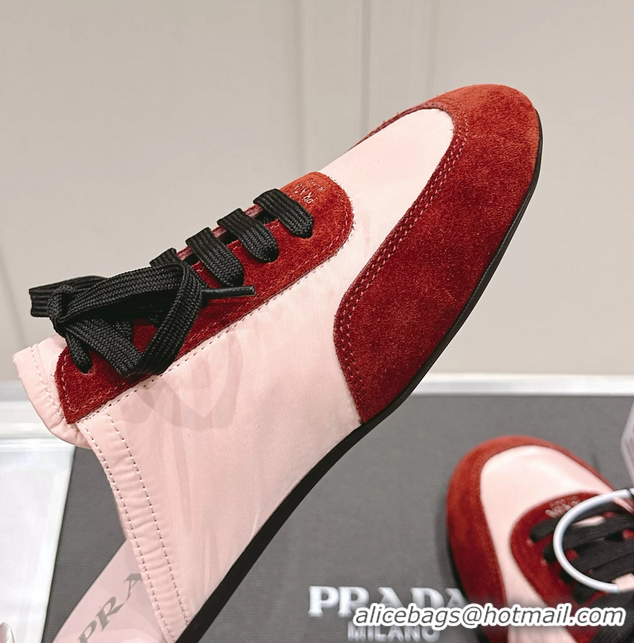 Shop Cheap Prada Collapse Mixed Media Re Nylon and Suede Flat Mules 6050701 Red Pink