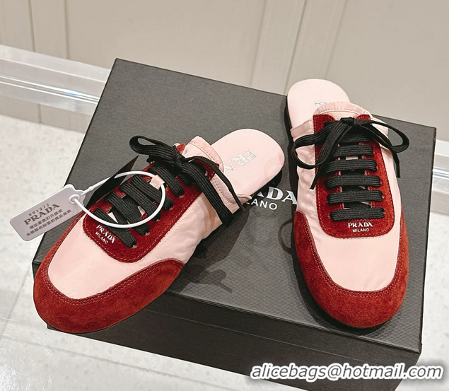 Shop Cheap Prada Collapse Mixed Media Re Nylon and Suede Flat Mules 6050701 Red Pink