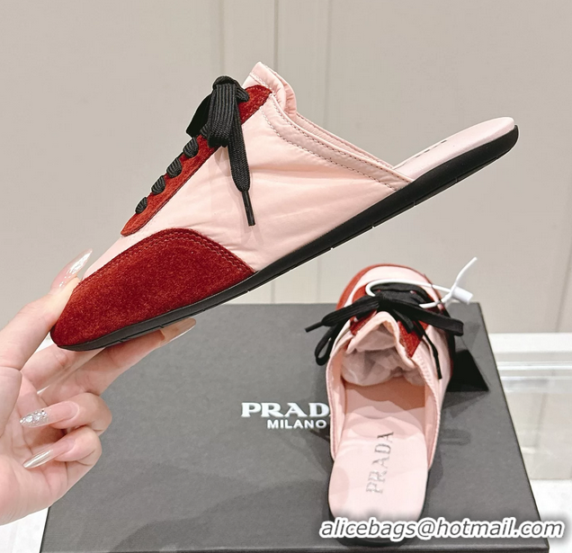 Shop Cheap Prada Collapse Mixed Media Re Nylon and Suede Flat Mules 6050701 Red Pink