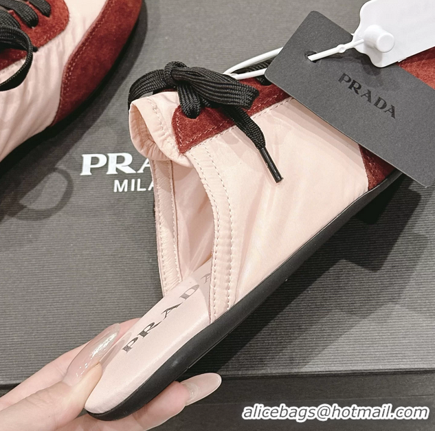 Shop Cheap Prada Collapse Mixed Media Re Nylon and Suede Flat Mules 6050701 Red Pink