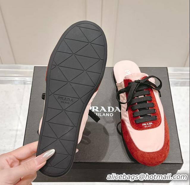 Shop Cheap Prada Collapse Mixed Media Re Nylon and Suede Flat Mules 6050701 Red Pink