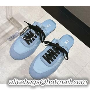 Most Popular Prada Collapse Mixed Media Re Nylon and Suede Flat Mules 6050701 Light Blue