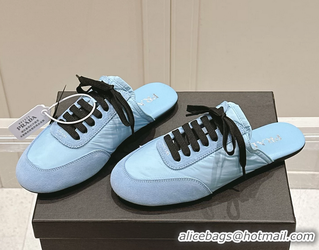 Most Popular Prada Collapse Mixed Media Re Nylon and Suede Flat Mules 6050701 Light Blue
