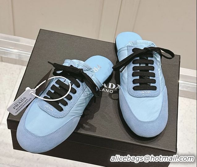 Most Popular Prada Collapse Mixed Media Re Nylon and Suede Flat Mules 6050701 Light Blue