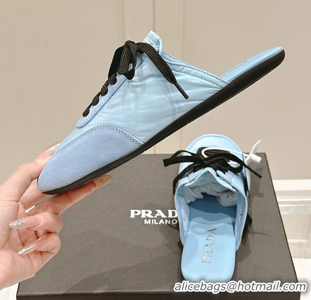 Most Popular Prada Collapse Mixed Media Re Nylon and Suede Flat Mules 6050701 Light Blue