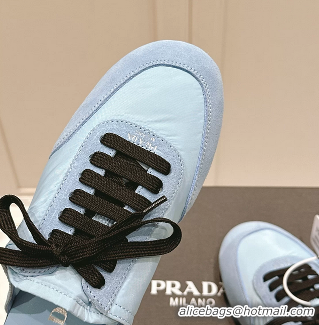Most Popular Prada Collapse Mixed Media Re Nylon and Suede Flat Mules 6050701 Light Blue