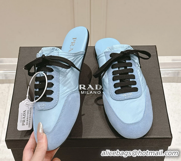 Most Popular Prada Collapse Mixed Media Re Nylon and Suede Flat Mules 6050701 Light Blue
