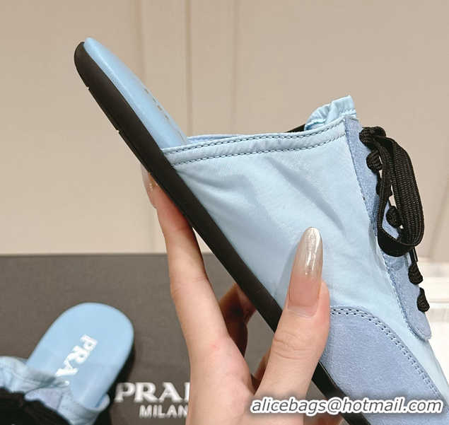 Most Popular Prada Collapse Mixed Media Re Nylon and Suede Flat Mules 6050701 Light Blue