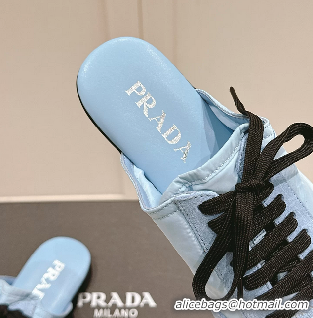 Most Popular Prada Collapse Mixed Media Re Nylon and Suede Flat Mules 6050701 Light Blue
