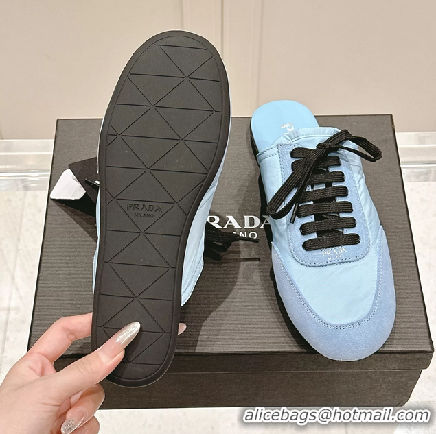 Most Popular Prada Collapse Mixed Media Re Nylon and Suede Flat Mules 6050701 Light Blue