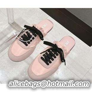 Buy Luxury Prada Collapse Mixed Media Re Nylon and Suede Flat Mules 6050701 Pink