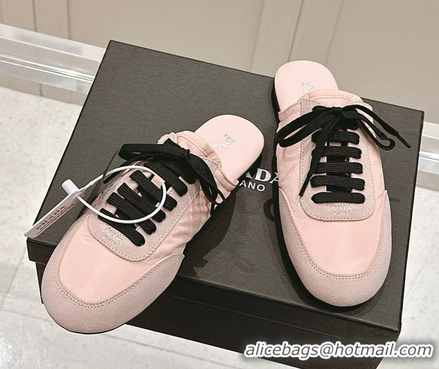 Buy Luxury Prada Collapse Mixed Media Re Nylon and Suede Flat Mules 6050701 Pink