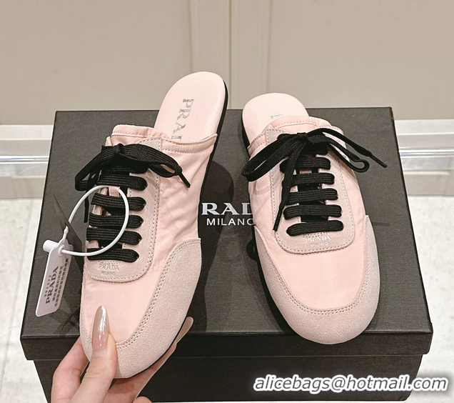 Buy Luxury Prada Collapse Mixed Media Re Nylon and Suede Flat Mules 6050701 Pink