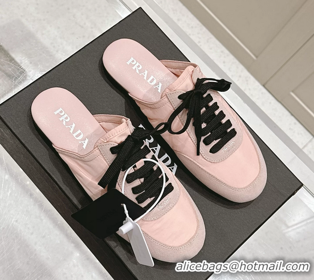 Buy Luxury Prada Collapse Mixed Media Re Nylon and Suede Flat Mules 6050701 Pink