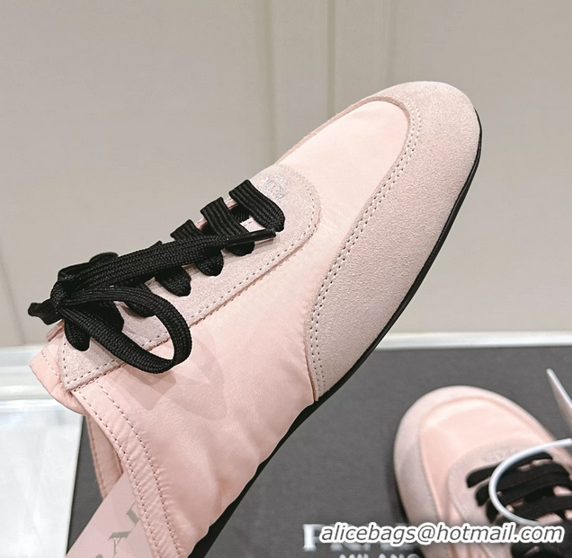 Buy Luxury Prada Collapse Mixed Media Re Nylon and Suede Flat Mules 6050701 Pink