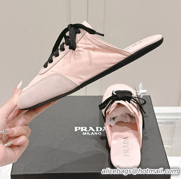 Buy Luxury Prada Collapse Mixed Media Re Nylon and Suede Flat Mules 6050701 Pink