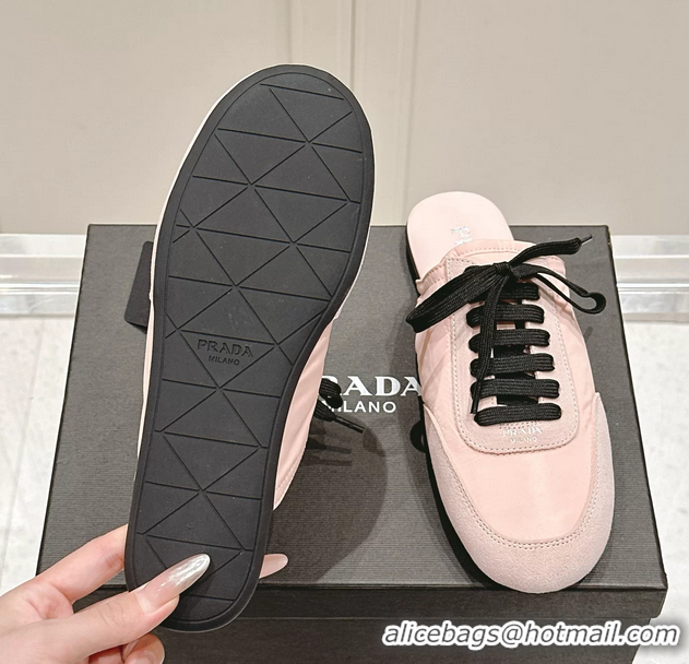 Buy Luxury Prada Collapse Mixed Media Re Nylon and Suede Flat Mules 6050701 Pink