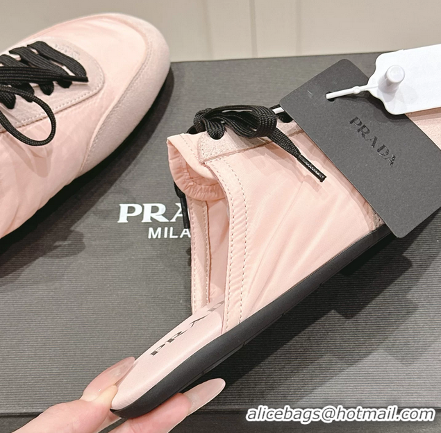 Buy Luxury Prada Collapse Mixed Media Re Nylon and Suede Flat Mules 6050701 Pink