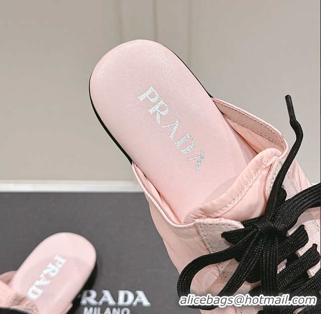 Buy Luxury Prada Collapse Mixed Media Re Nylon and Suede Flat Mules 6050701 Pink