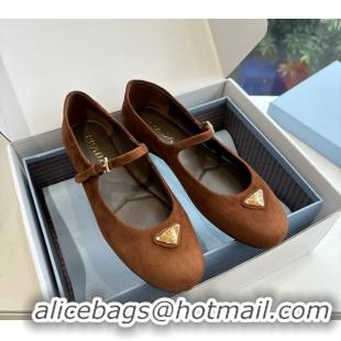 Low Price Prada Embellished Mary Jane Suede Leather Ballet Flats 6050702 Brown