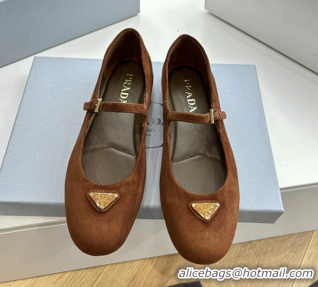 Low Price Prada Embellished Mary Jane Suede Leather Ballet Flats 6050702 Brown
