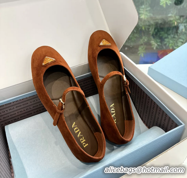 Low Price Prada Embellished Mary Jane Suede Leather Ballet Flats 6050702 Brown