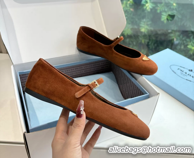 Low Price Prada Embellished Mary Jane Suede Leather Ballet Flats 6050702 Brown