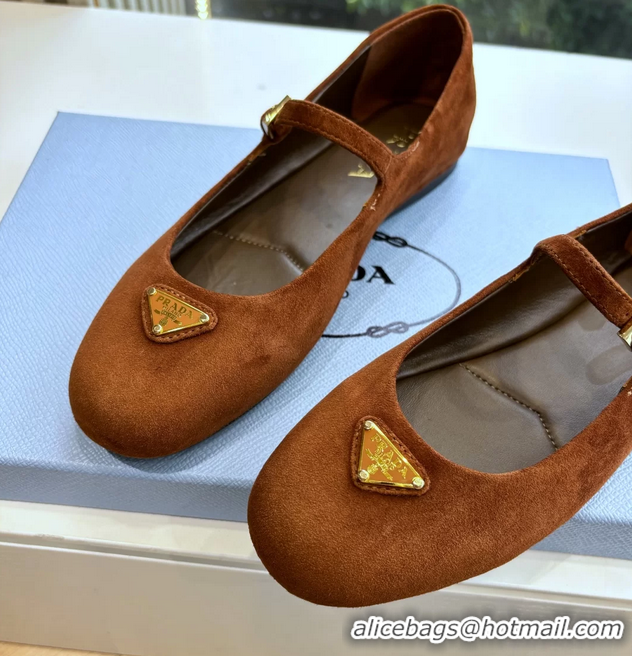 Low Price Prada Embellished Mary Jane Suede Leather Ballet Flats 6050702 Brown