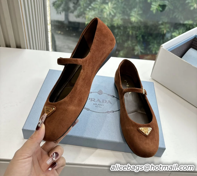 Low Price Prada Embellished Mary Jane Suede Leather Ballet Flats 6050702 Brown