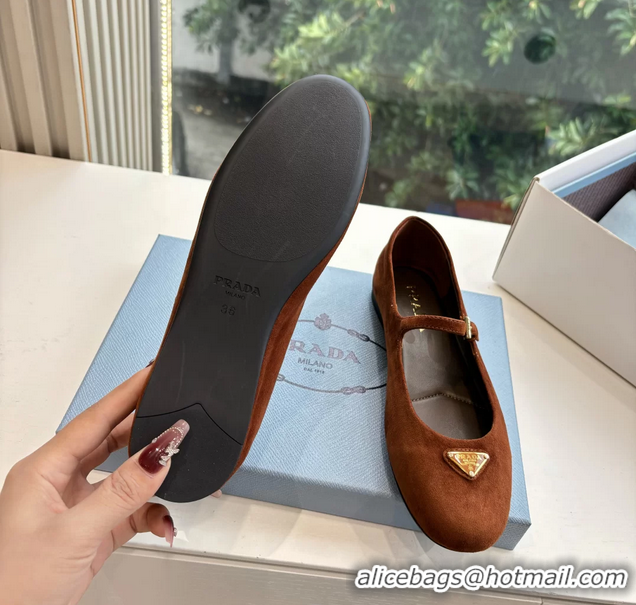 Low Price Prada Embellished Mary Jane Suede Leather Ballet Flats 6050702 Brown