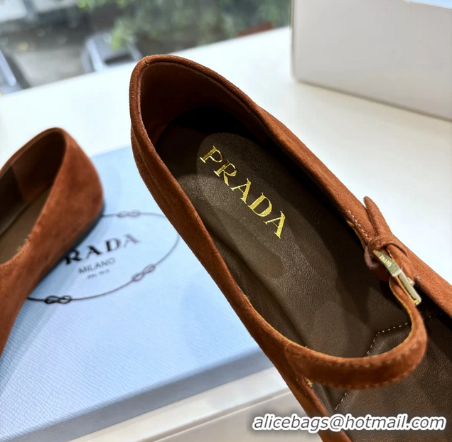 Low Price Prada Embellished Mary Jane Suede Leather Ballet Flats 6050702 Brown