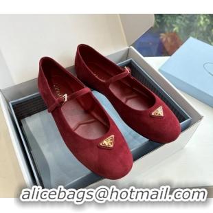 Good Quality Prada Embellished Mary Jane Suede Leather Ballet Flats 6050702 Red