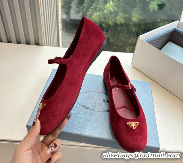 Good Quality Prada Embellished Mary Jane Suede Leather Ballet Flats 6050702 Red