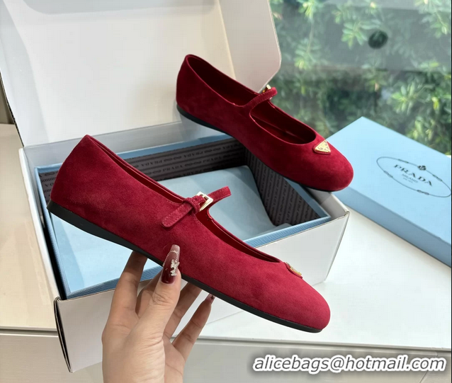 Good Quality Prada Embellished Mary Jane Suede Leather Ballet Flats 6050702 Red
