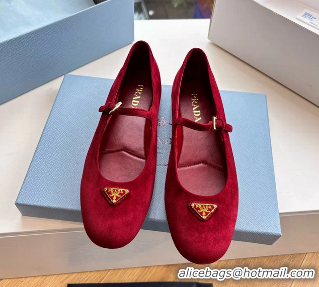 Good Quality Prada Embellished Mary Jane Suede Leather Ballet Flats 6050702 Red