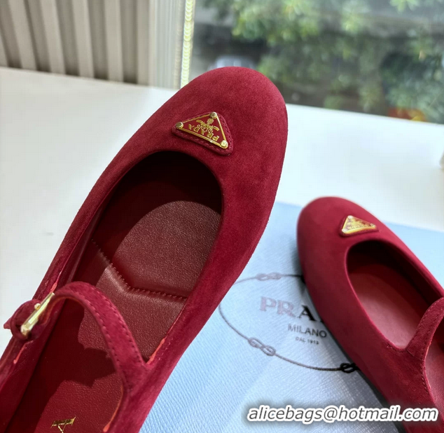 Good Quality Prada Embellished Mary Jane Suede Leather Ballet Flats 6050702 Red